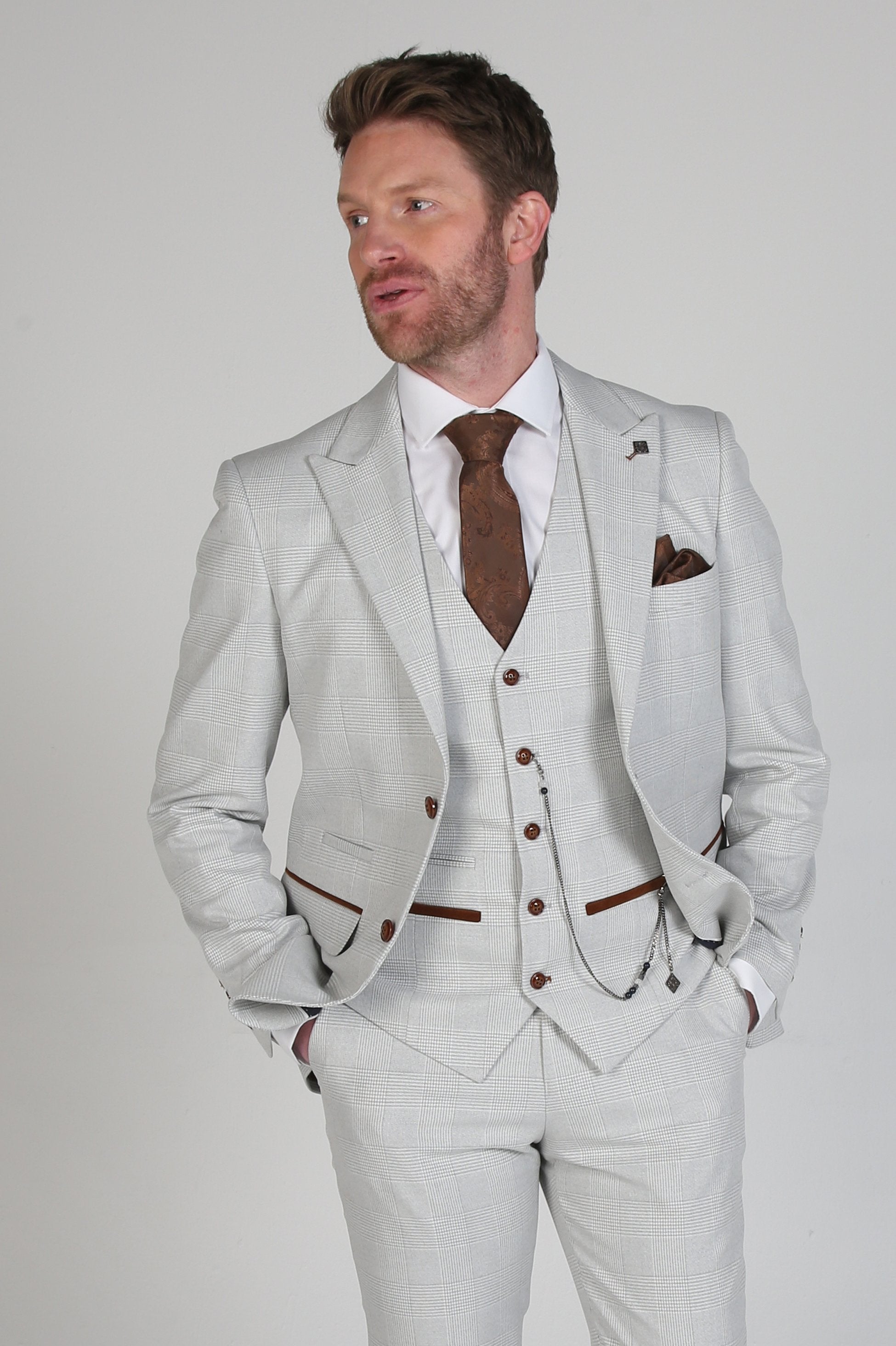 Men's Herringbone Check Suit Tailored Fit Suit - MARK STONE - Stone Beige