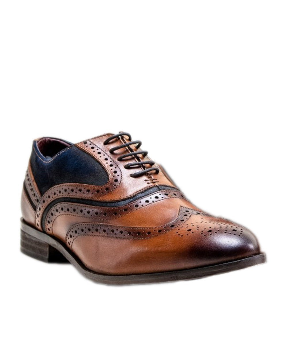 Herren Echtleder Oxford Brogue Schuhe - Hellbraun - Marineblau