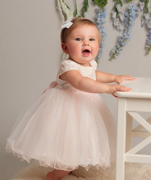 Robe en dentelle avec bordure froncée pour filles et bébés - AMARA - Rose Blush