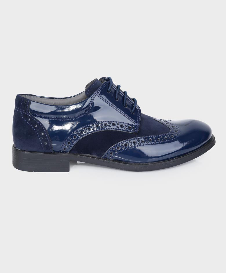 Chaussures Derby Brogue en Cuir Verni et Suède pour Garçons - Bleu Marine