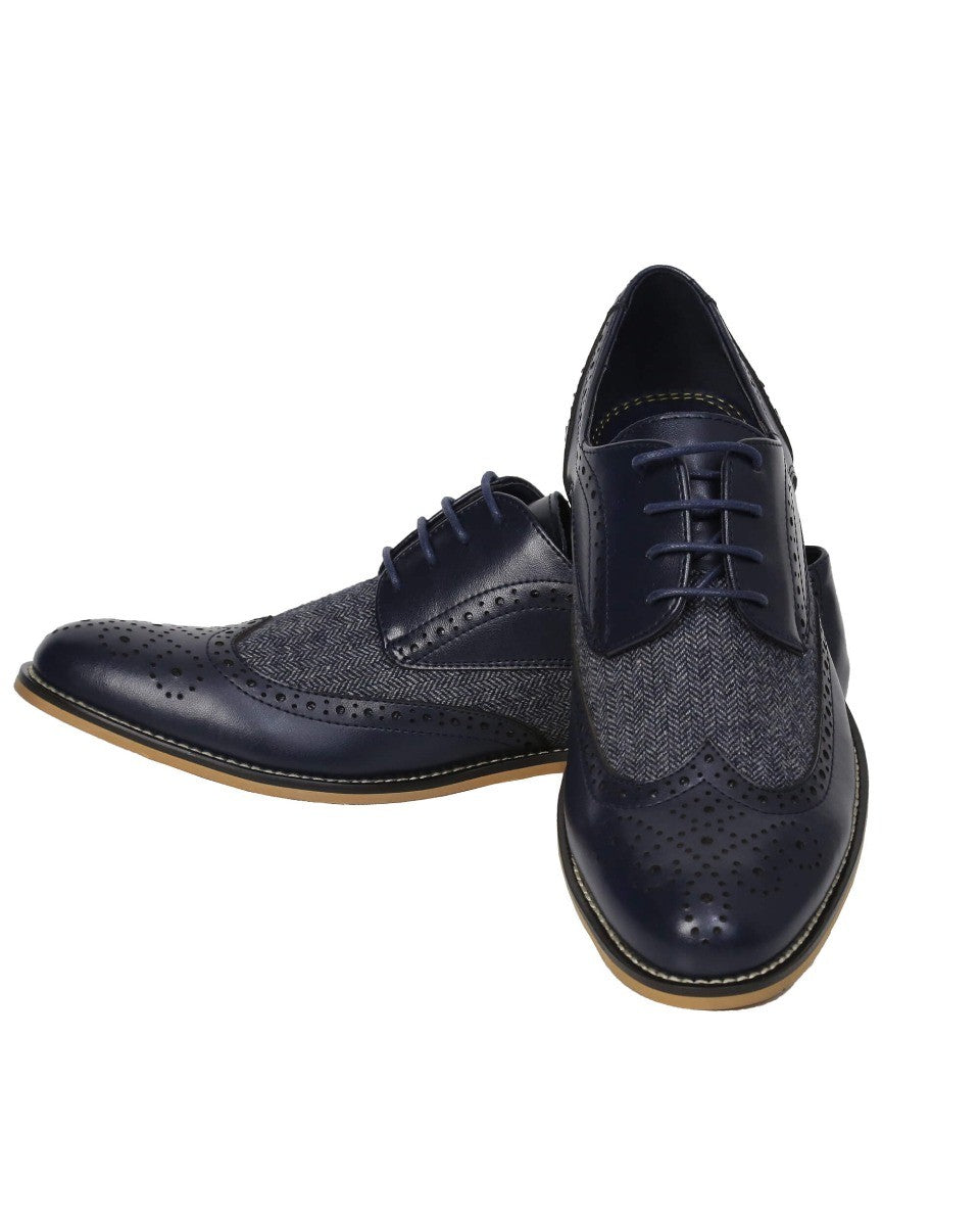 Herren Schnürsenkel Tweed Leder Brogue Schuhe - HORATIO - Marineblau