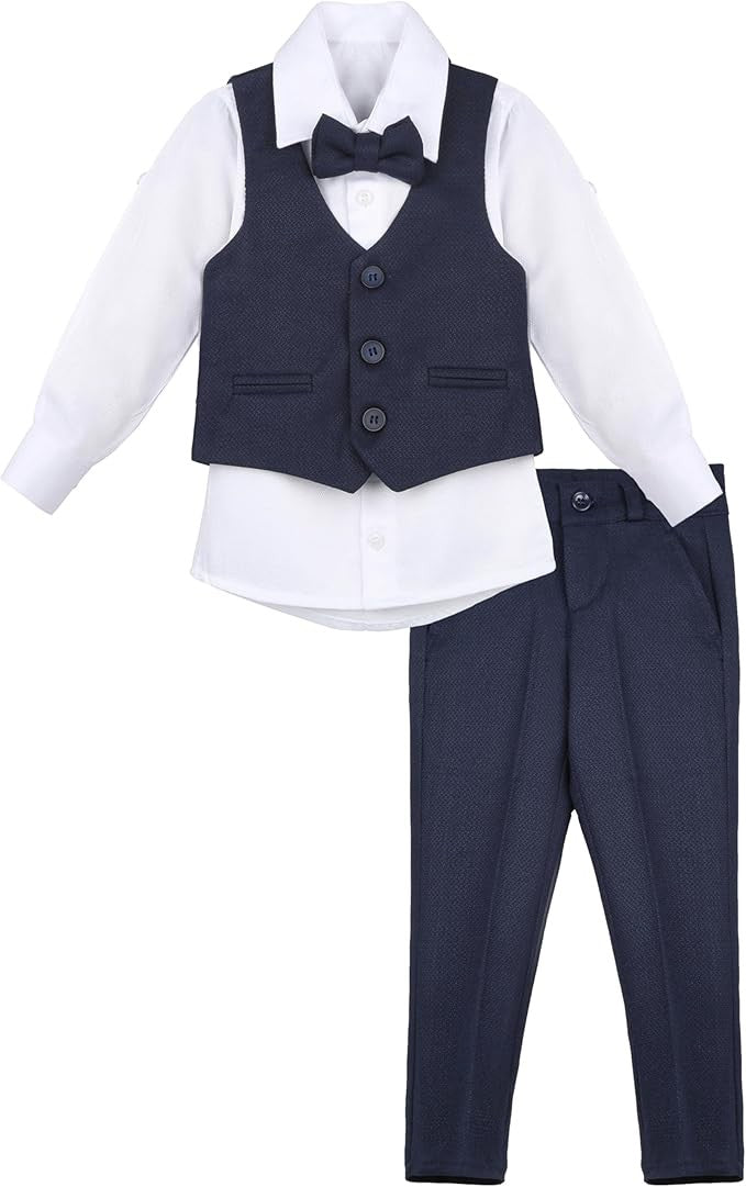 Ensemble de costume avec gilet texturé ajusté pour garçons, tenue formelle - Bleu Marine