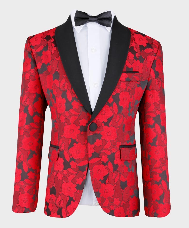 Boys Tailored Fit Floral Patterned Tuxedo Suit - Red- Black