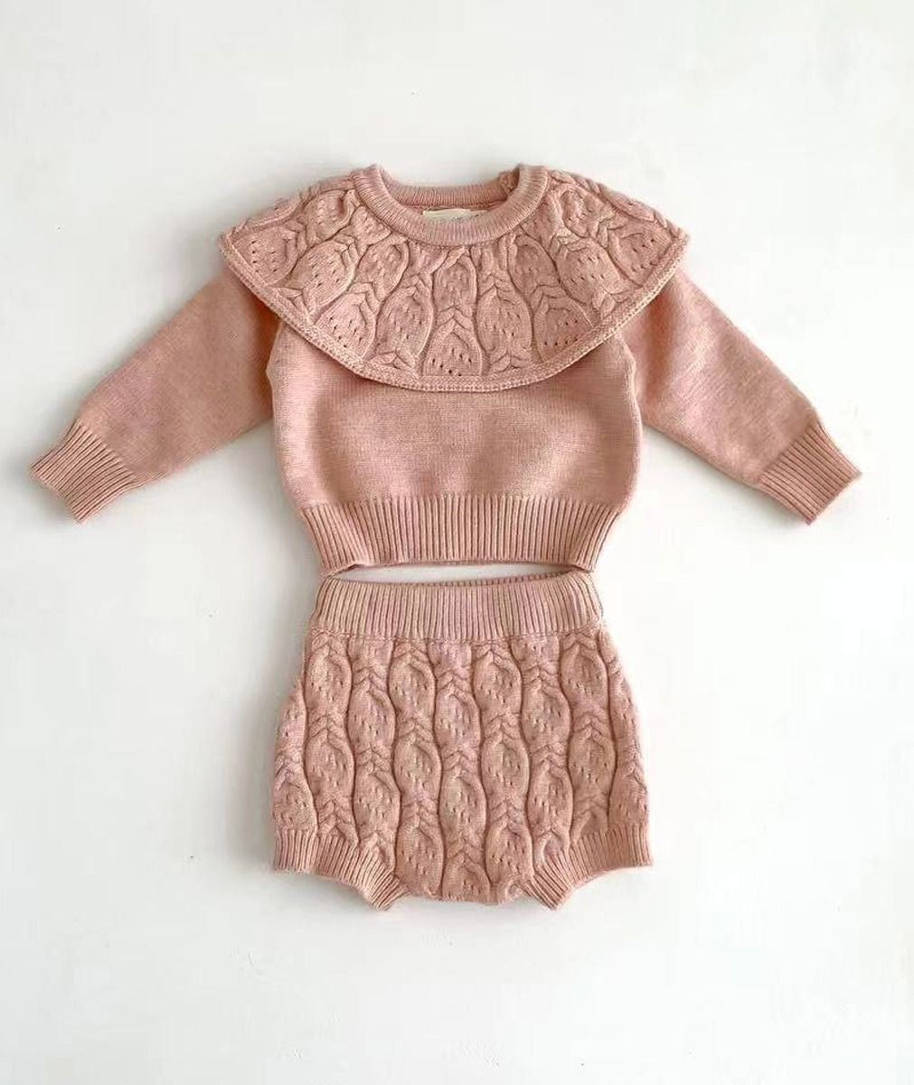 Ensemble de pull tricoté en rose à câble et short pour bébés filles - 8483 - Rose