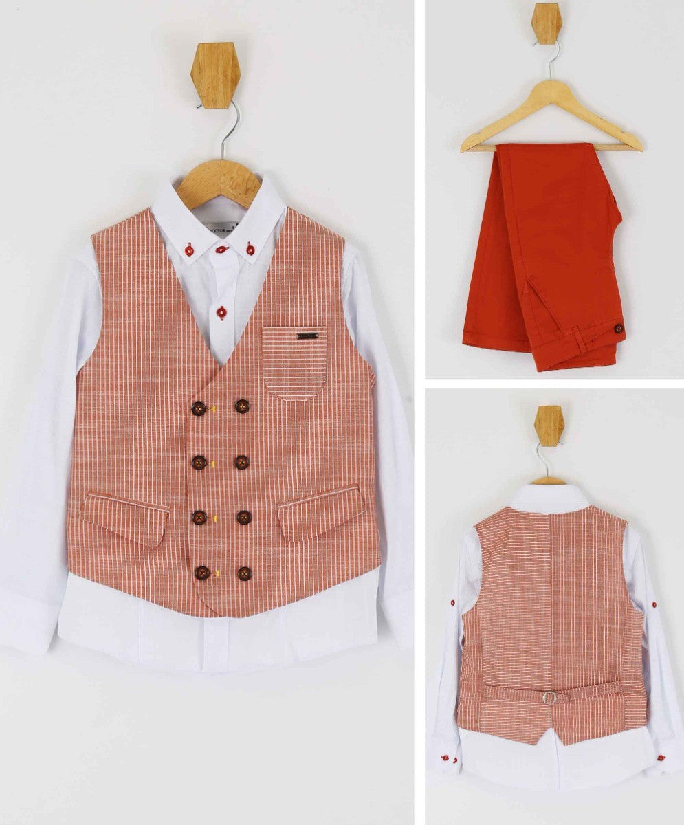 Boys Cotton Linen Pinstrip Waistcoat Suit Set - Red