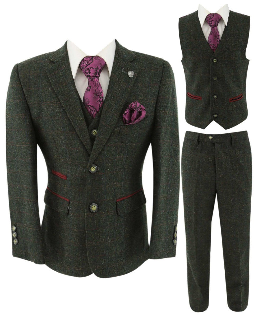 Costume en Tweed à Carreaux Tailored Fit pour Garçons - JOSHUA Vert - Vert Foncé