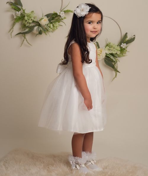 Flower Girl Dress with Lace & Bow - ROSE - Ivory