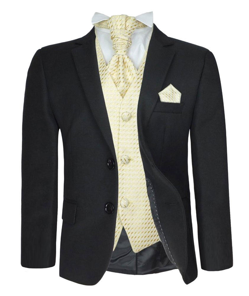 Boys Formal Suit with Patterned Waistcoat and Cravat Set - Black and Gold