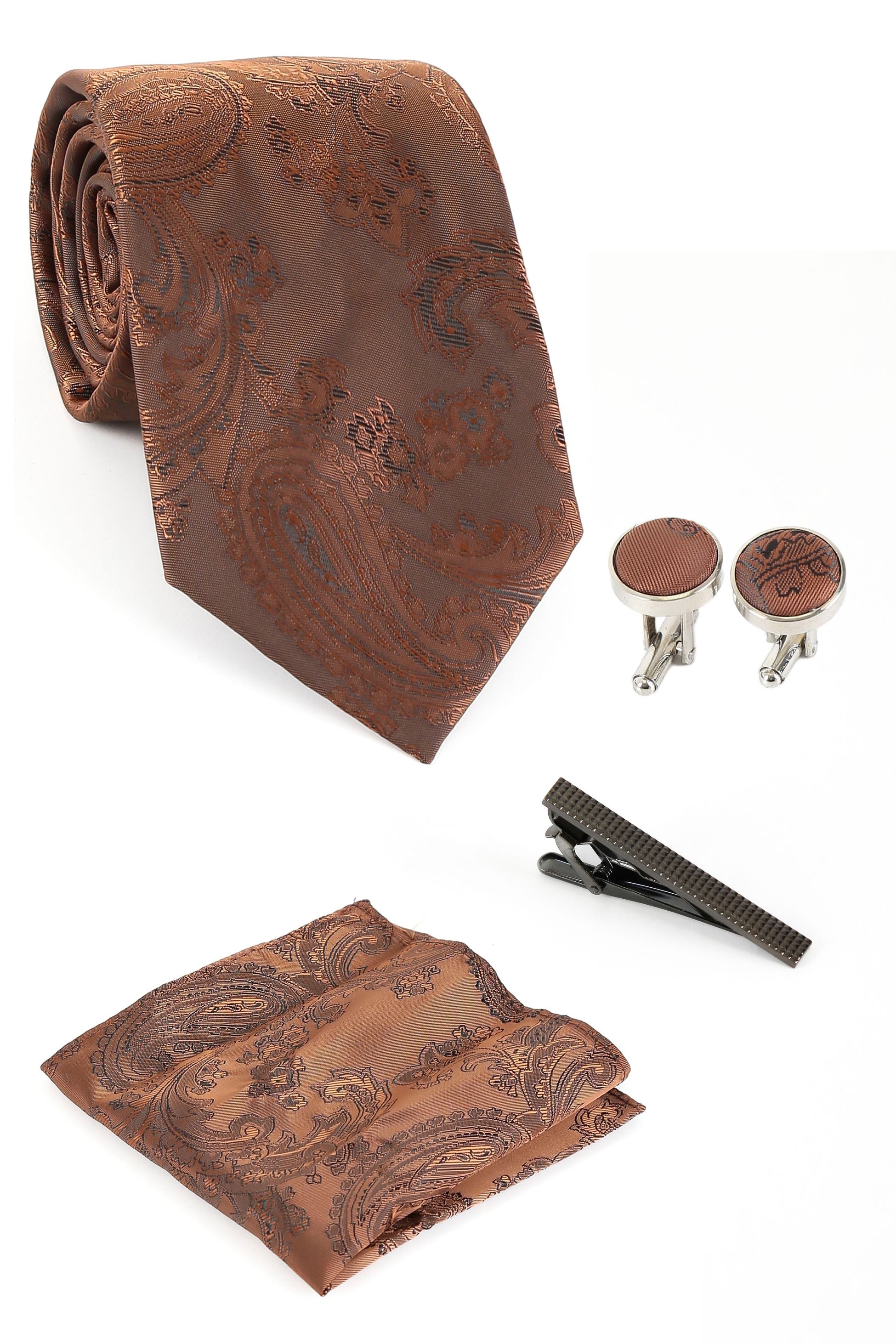 Ensemble cravate et boutons de manchette paisley pour hommes - Marron