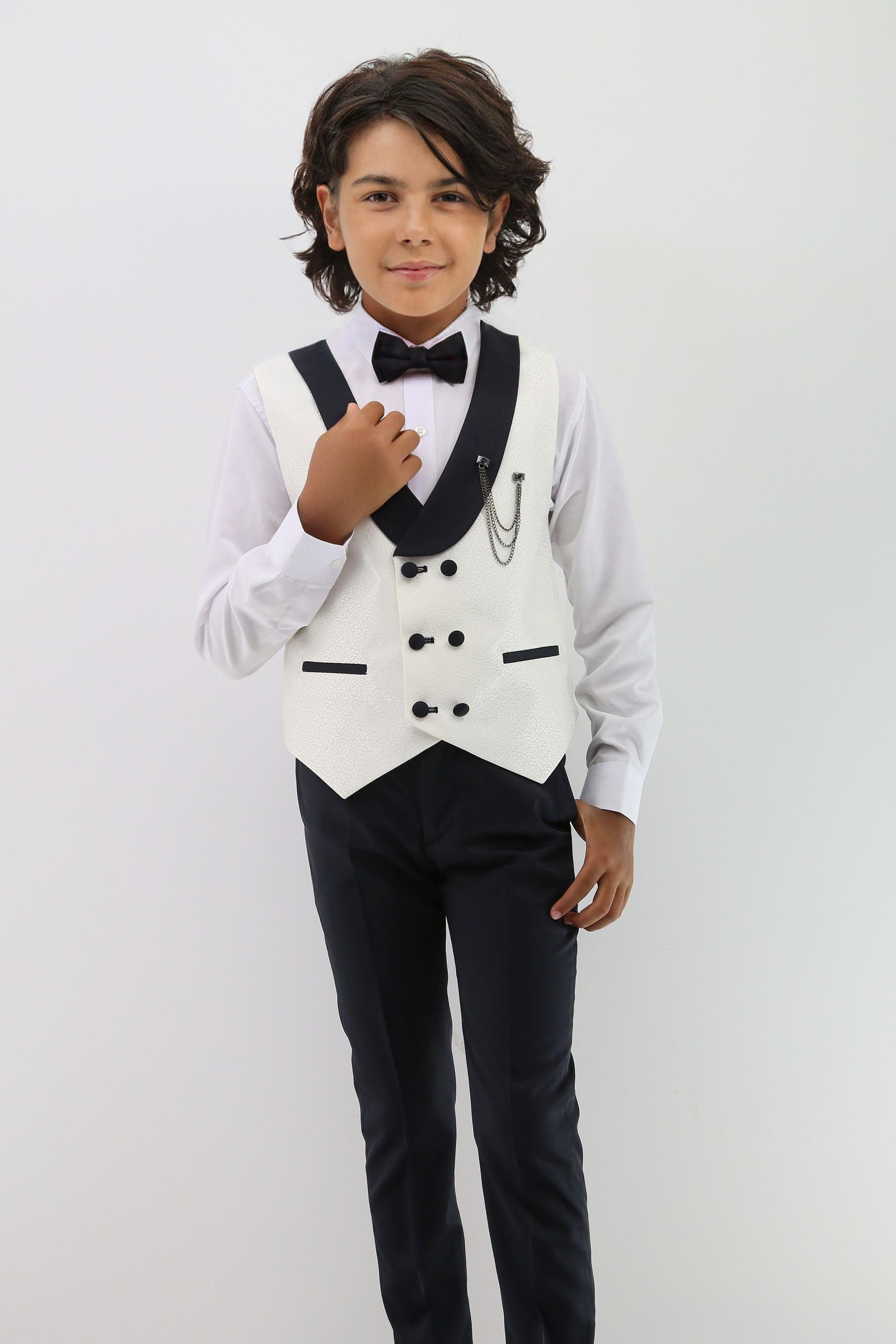 Ensemble de costume pour bébés et garçons avec gilet texturé à revers châle - Blanc Cassé