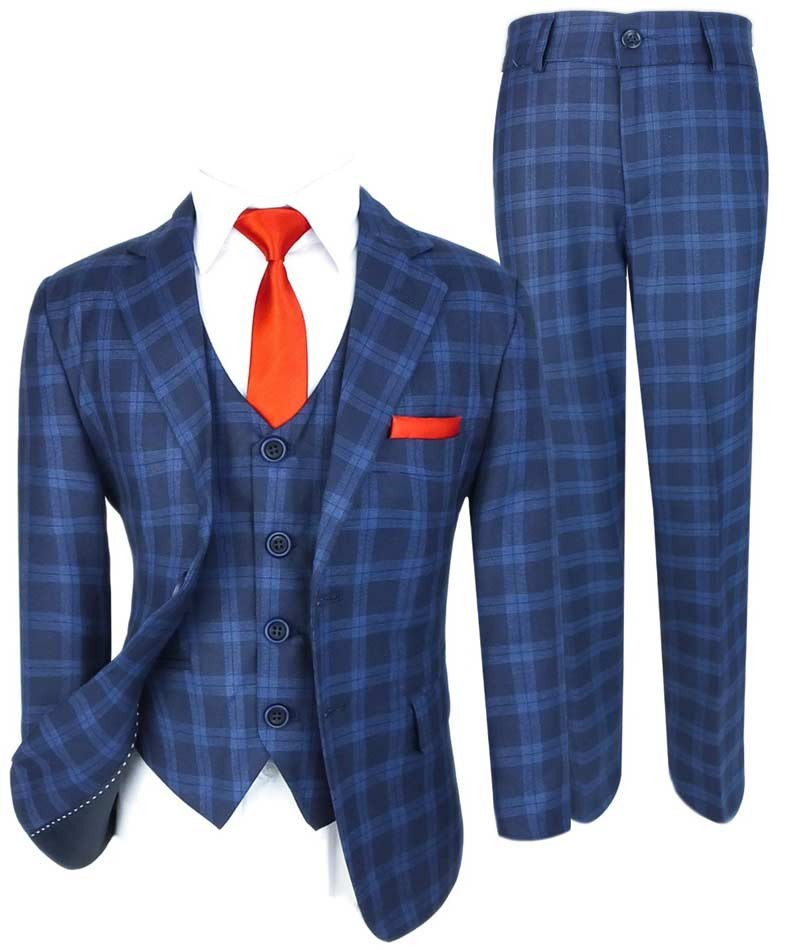 Costume en Tweed à Carreaux Windowpane Tailored Fit pour Garçons - Bleu Foncé