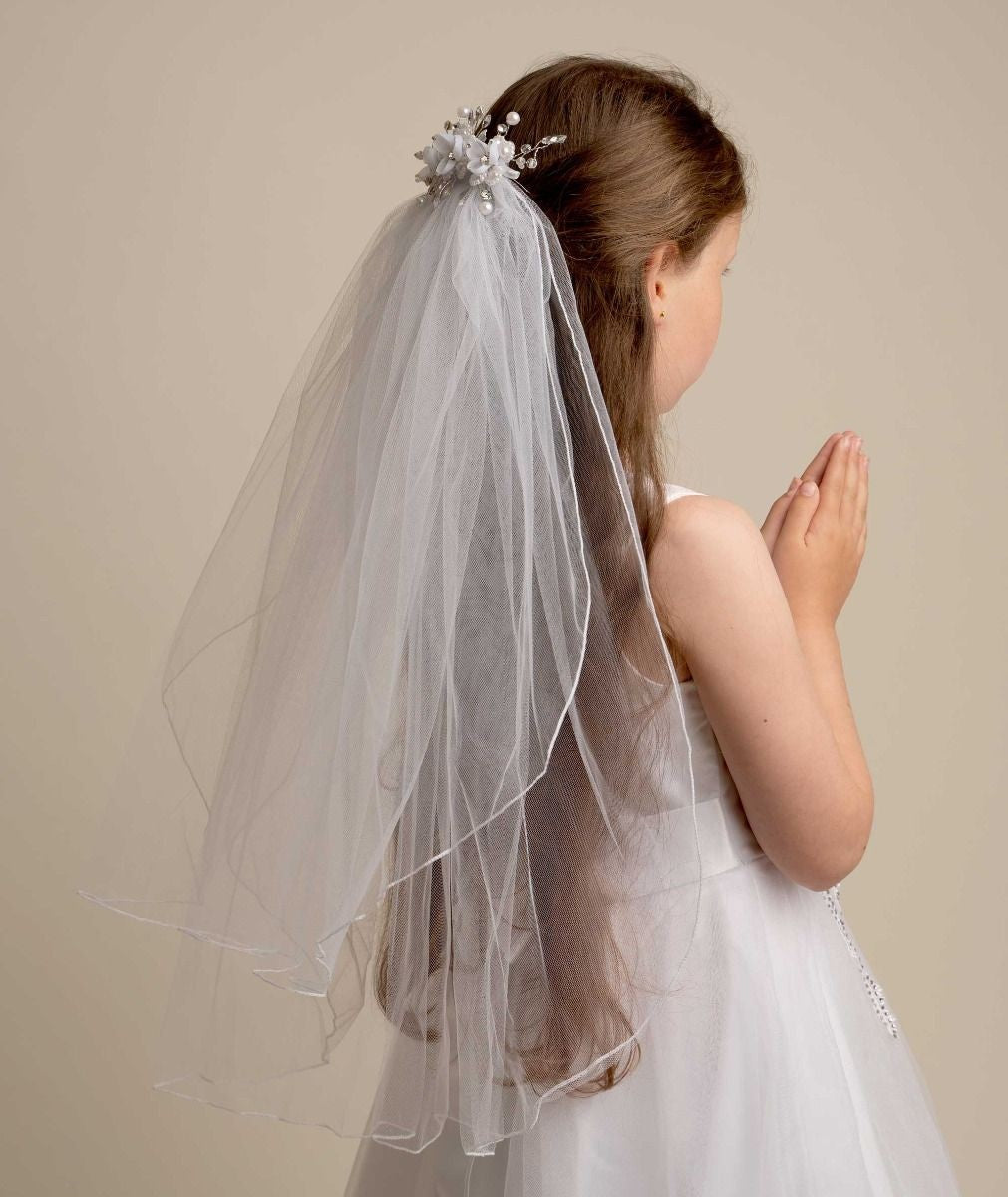 Girls' White Layered Floral and Pearl Veil - CMV255