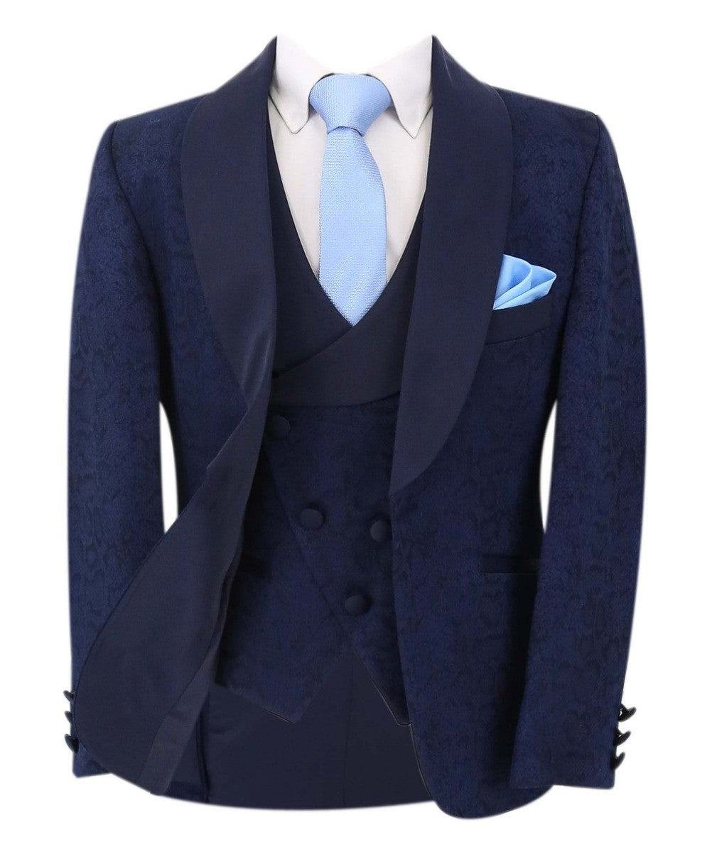 Jungen Jacquard Gemustertes Tuxedo Anzug - ASHLEY - Navyblau