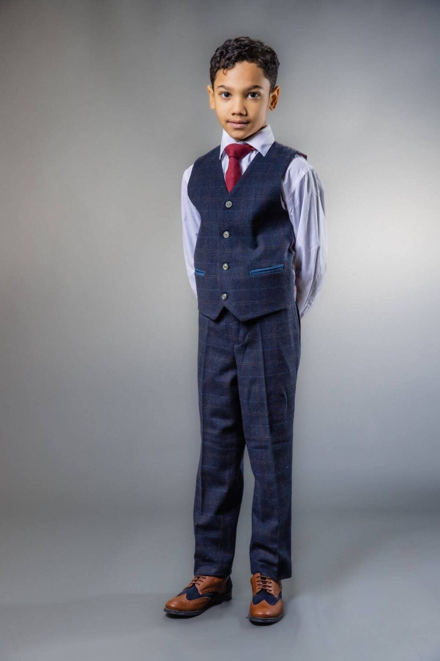 Boys Tweed Windowpane Check Tailored Fit Suit - Ryan Navy - Navy Blue