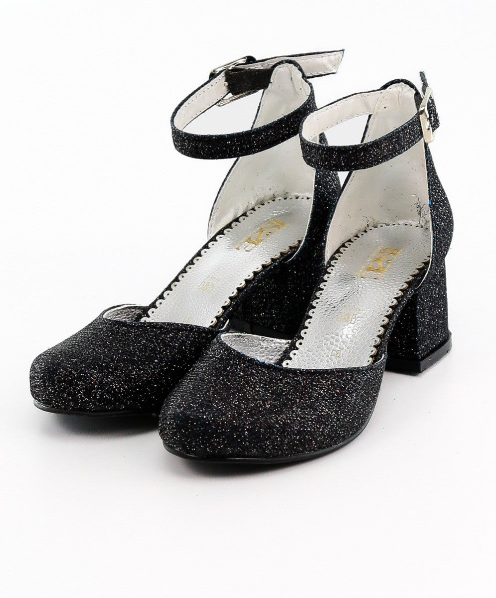 Girls Block Heel Glittery Mary Jane Shoes - OMBRA - Black