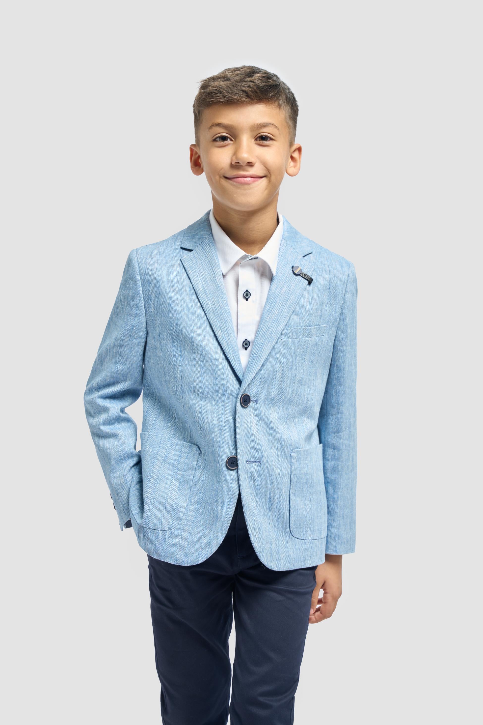 Boys’ Patch Pocket Linen Herringbone Blazer- Luigi - Sky Blue