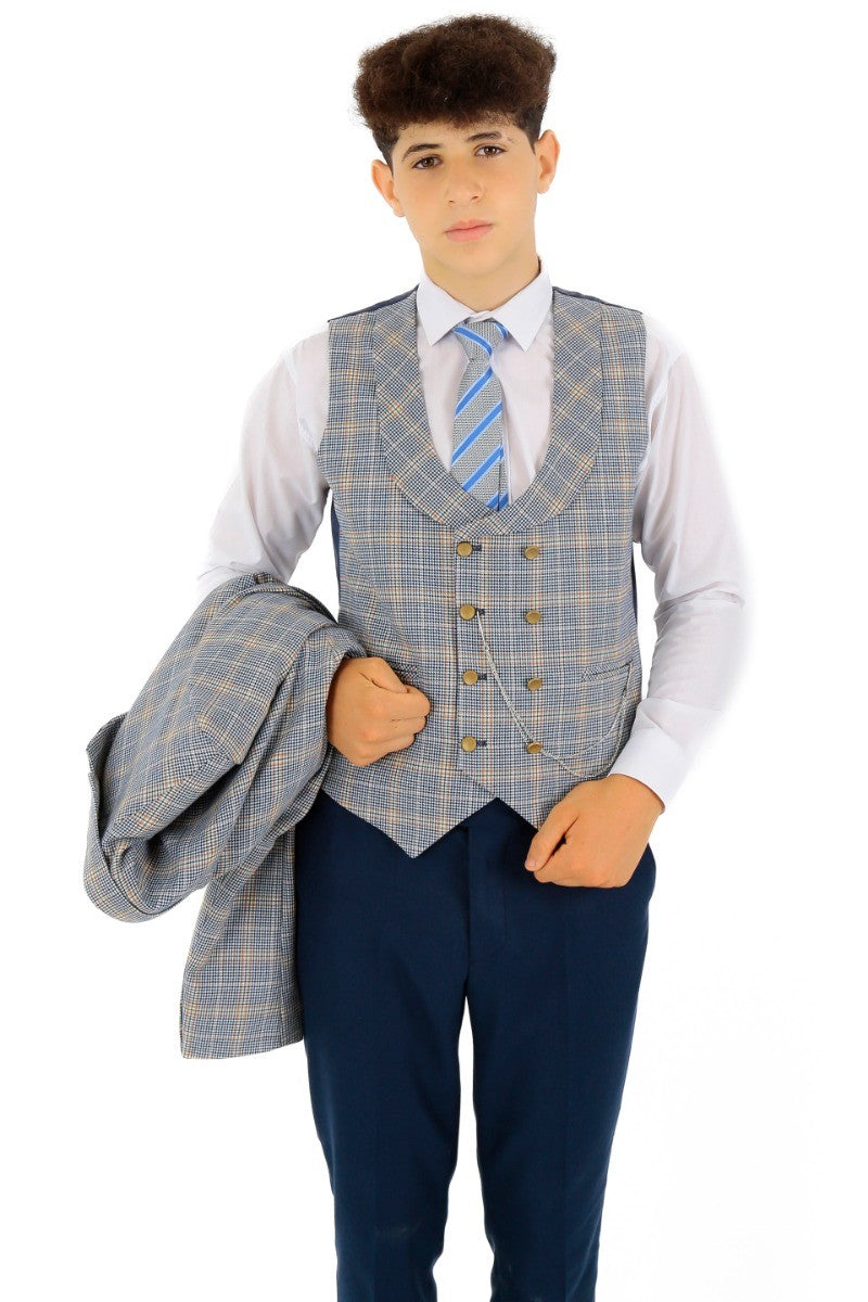 Jungen Windowpane Karo Slim Fit Anzug - Blau