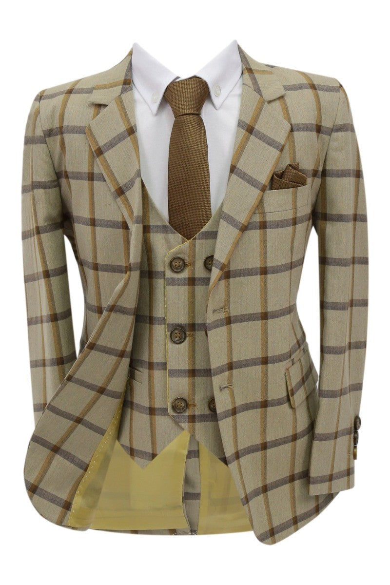 Ensemble Costume à Carreaux Windowpane 7 Pièces pour Garçons - Beige