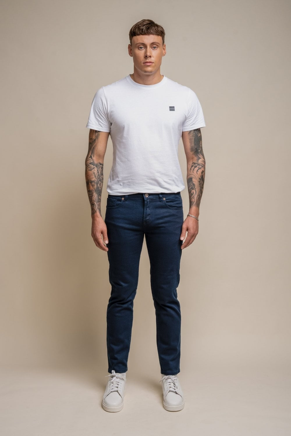 Jean en denim stretch ajusté en coton pour hommes - MILANO - Bleu Marine