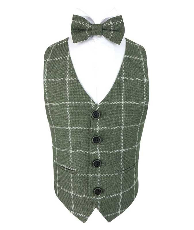 Boys Plaid Check Waistcoat Set - Sage Green