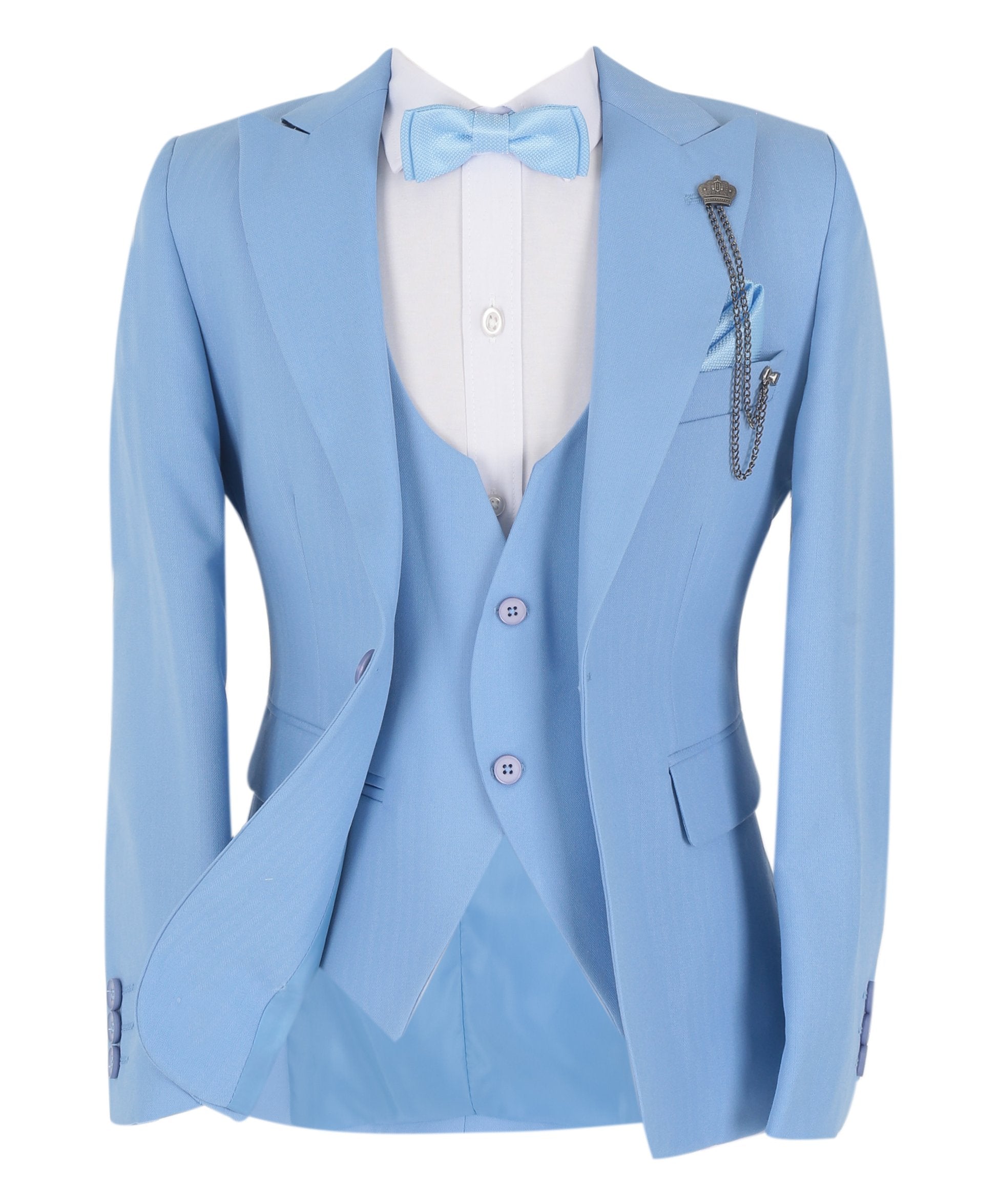 Boys Slim Fit Herringbone 8 Piece Suit Set - KING - Sky Blue