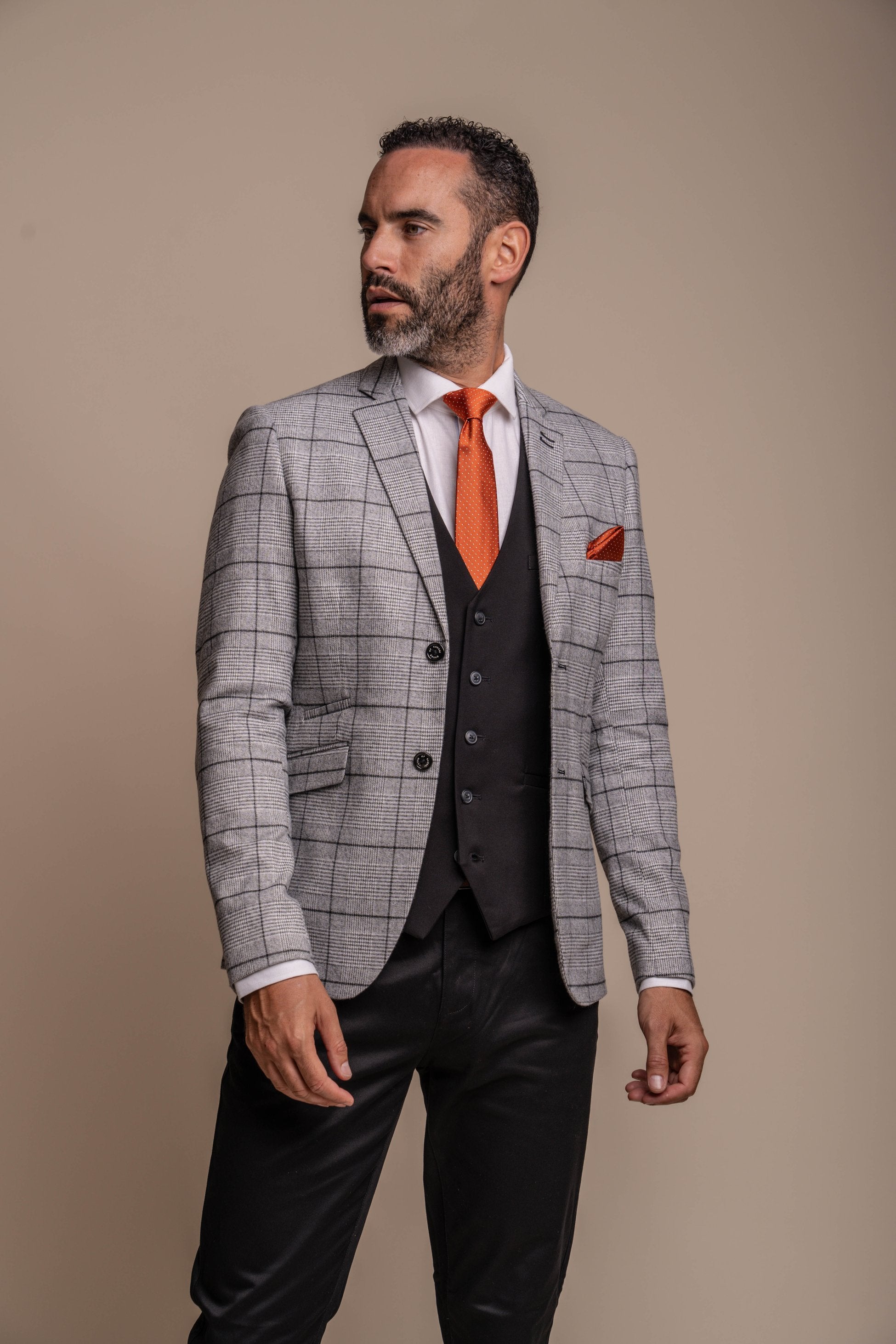 Costume à Motif Windowpane Gris et Noir Slim Fit pour Homme - Ensemble Combiné