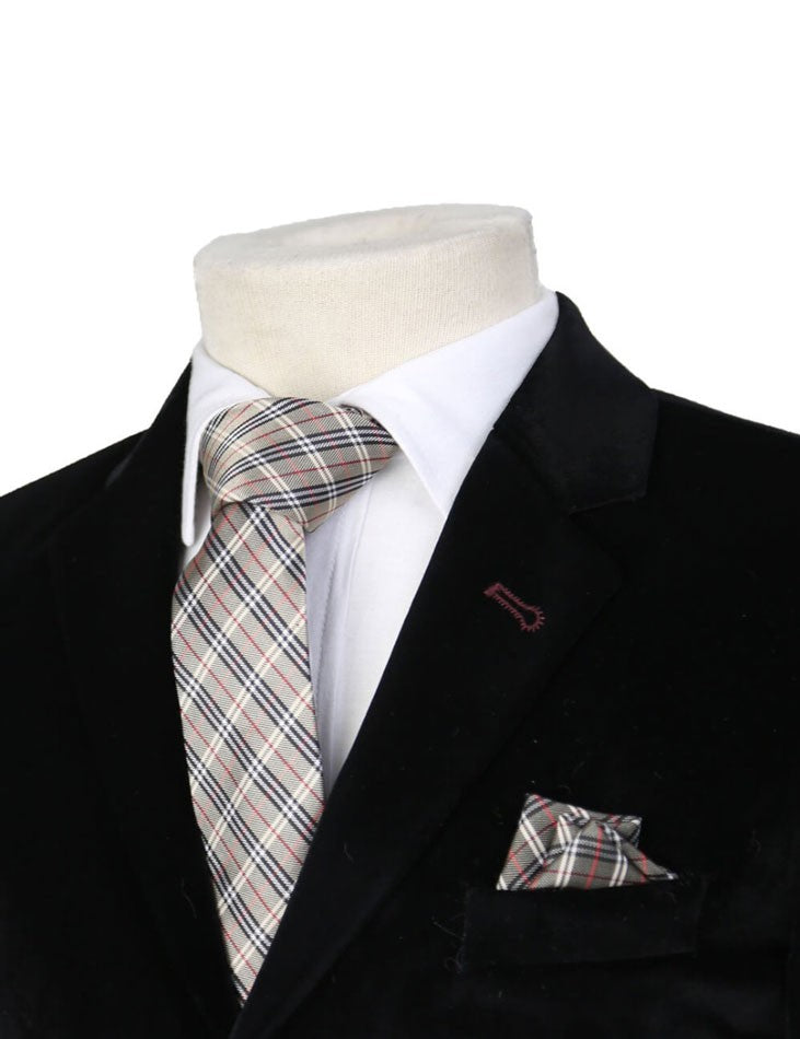 Boys Plaid Checkered Tie & Hankie Set - Beige - Red and Black