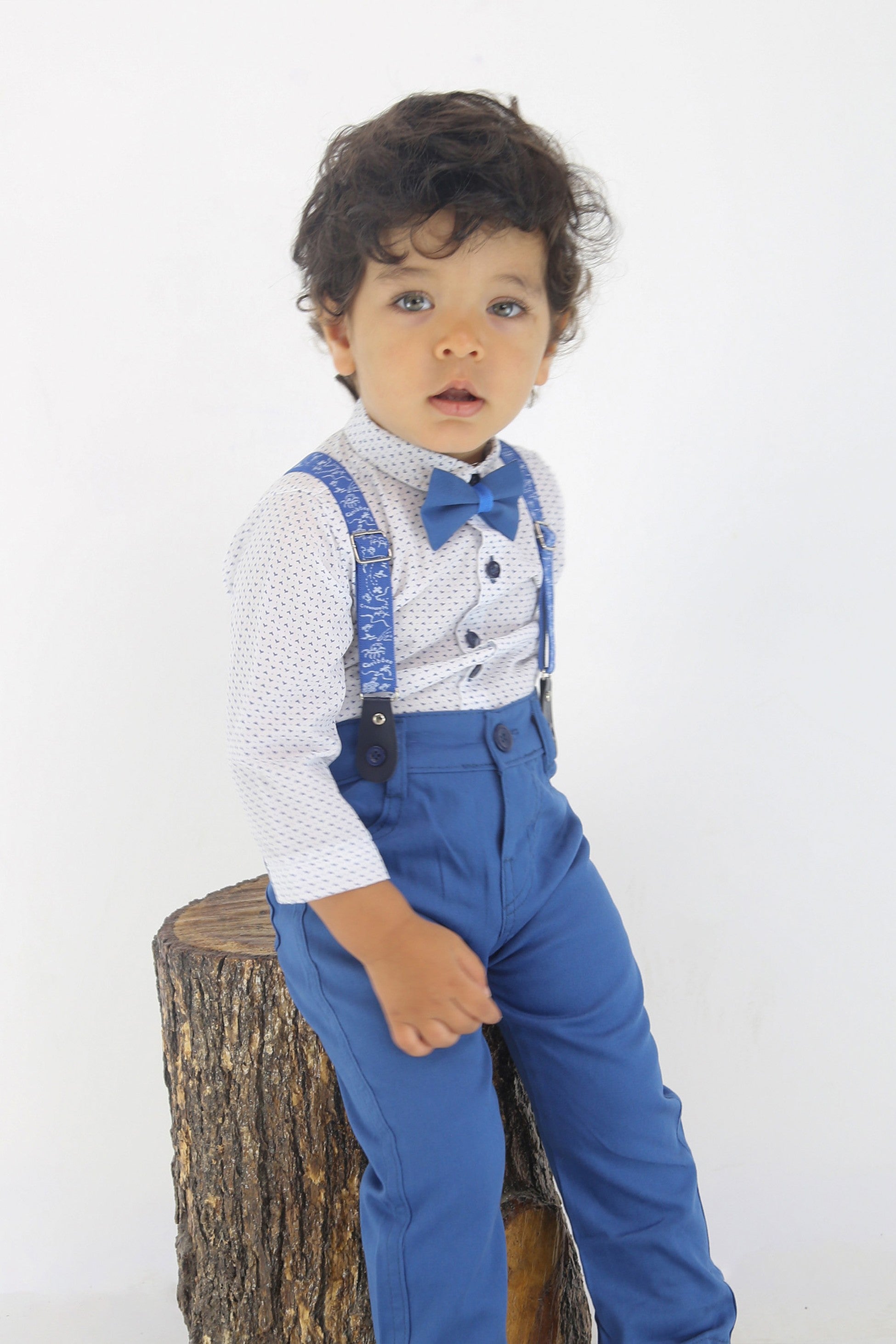 Ensemble de gentleman pour bébés garçons - Ensemble de costume avec bretelles et pantalon 4 pièces - BIRD - Bleu