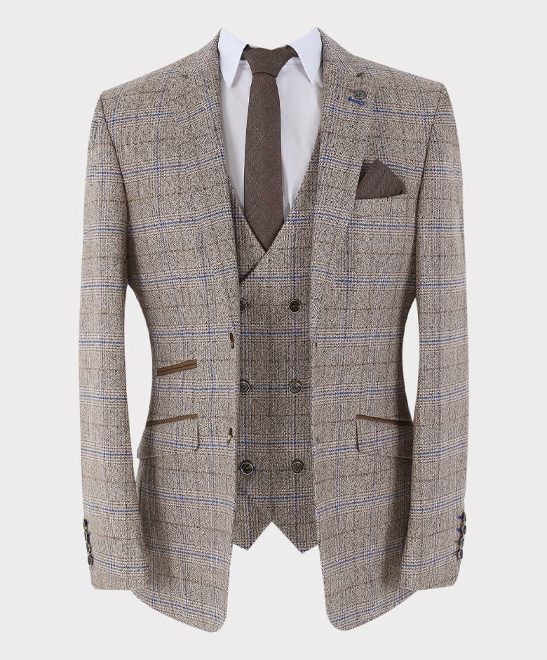 Men'sTailored Fit Tweed Check Suit Jacket - DAVID Taube - Beige