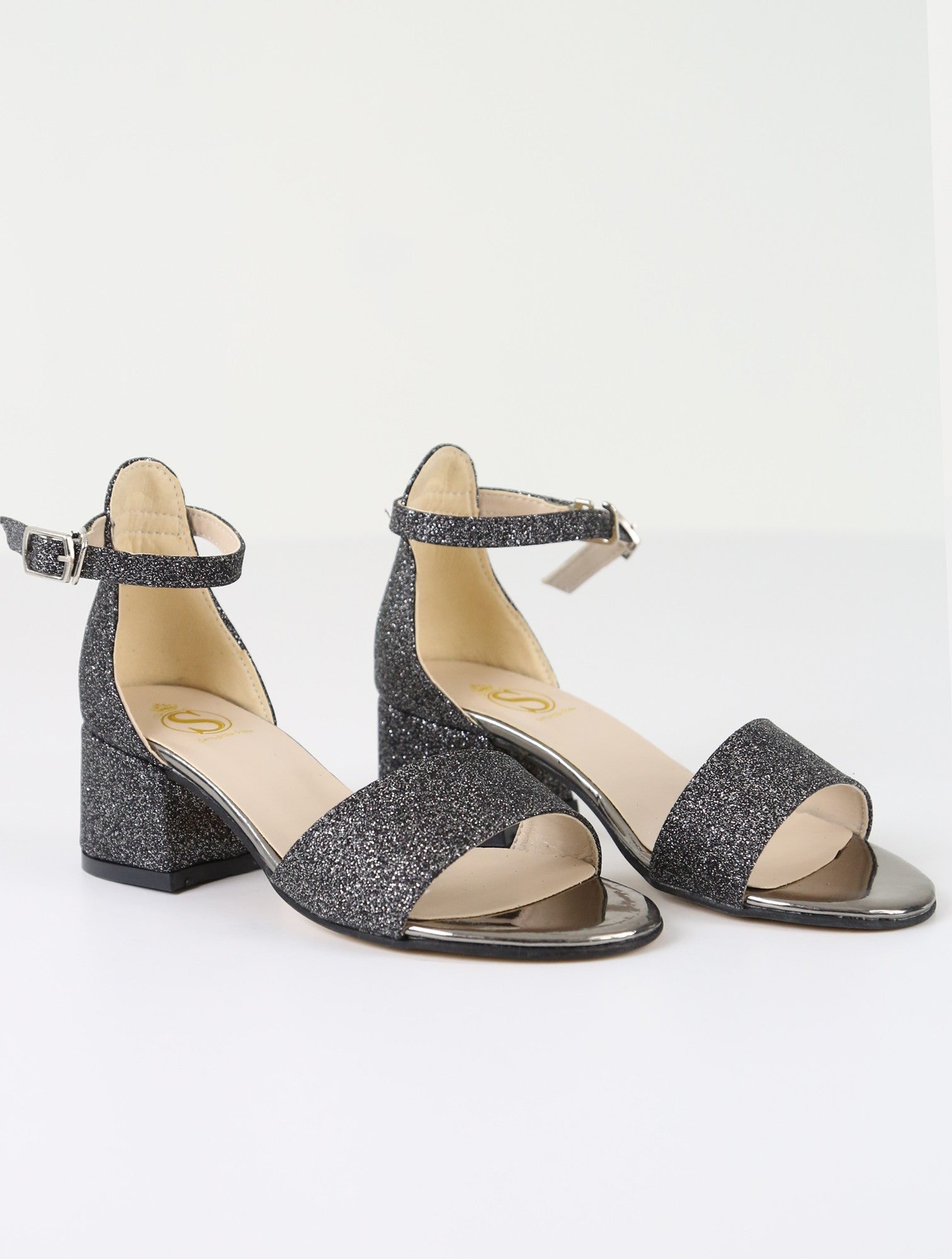 Girls Ankle-Strap Block Heel Sandals - SPARKLE - Dark Silver