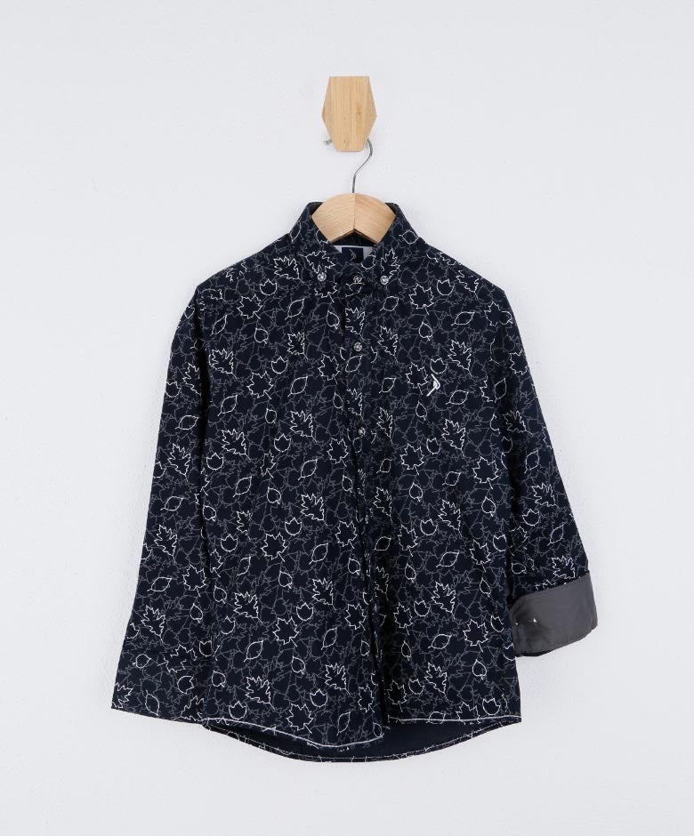 Chemise à Motifs de Feuilles en Coton Slim Fit pour Garçons - Noir