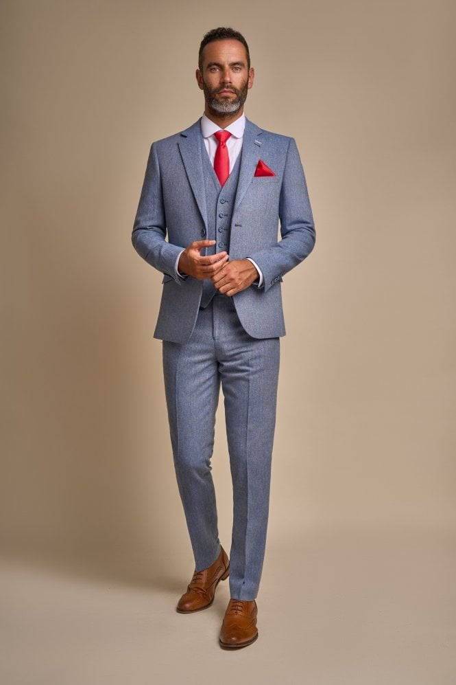 Men's Tweed Slim Fit Suit - WELLS Blue - Light Blue