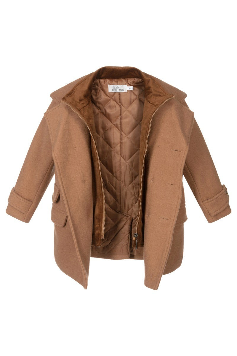 Manteau Midi en Tweed Double Bouton pour Garçons - Beige Camel