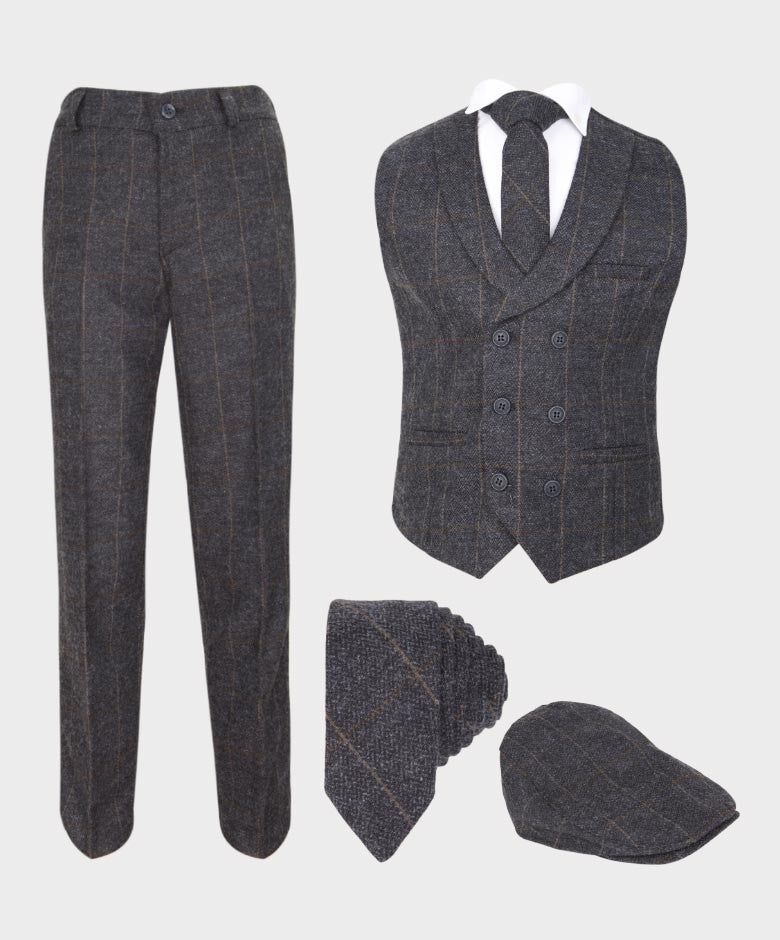 Ensemble Costume à Chevrons Double Bouton avec Gilet pour Garçons - Gris Foncé