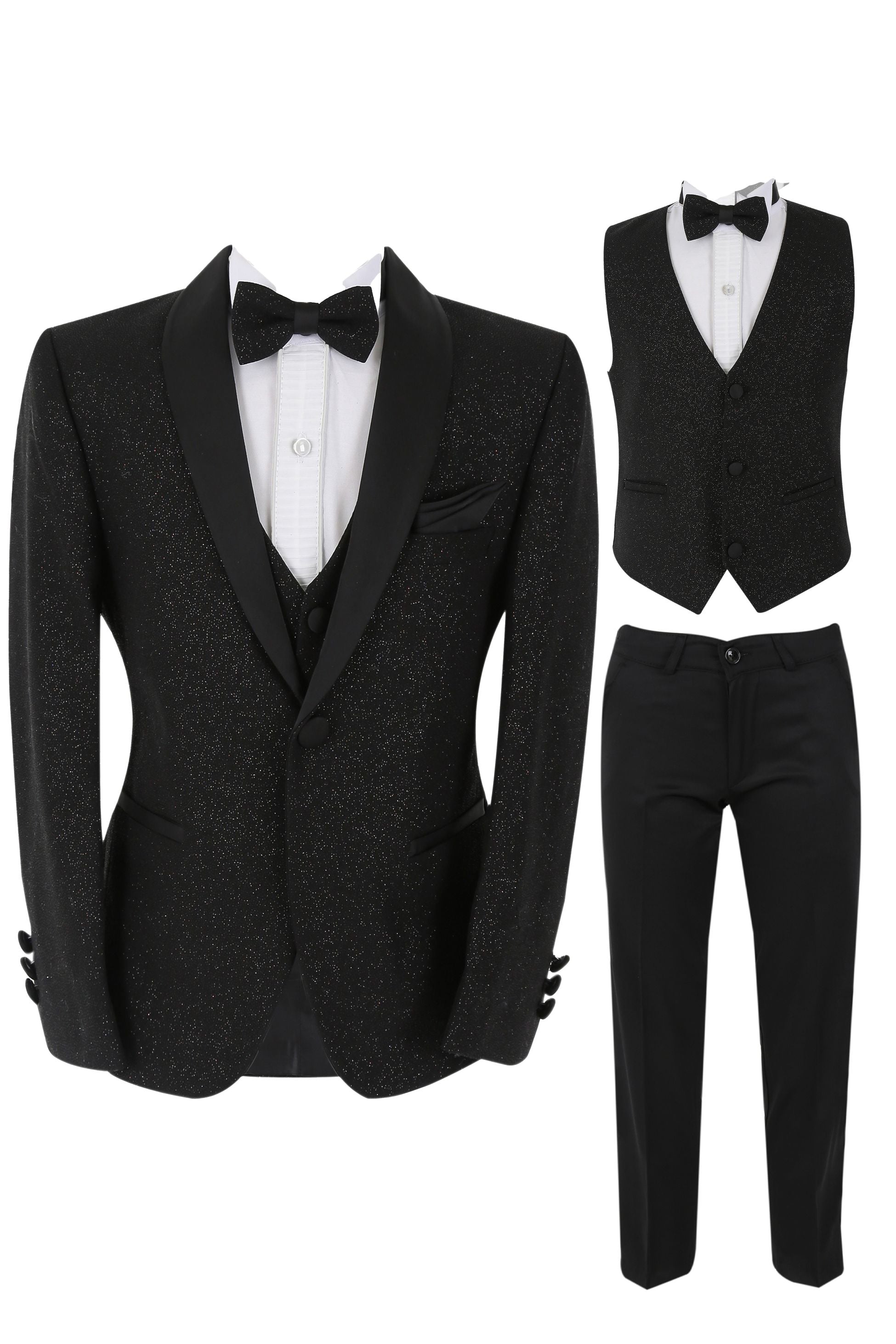 Jungen Glitzer Tuxedo Dinner 6-teiliger Anzug - Schwarz