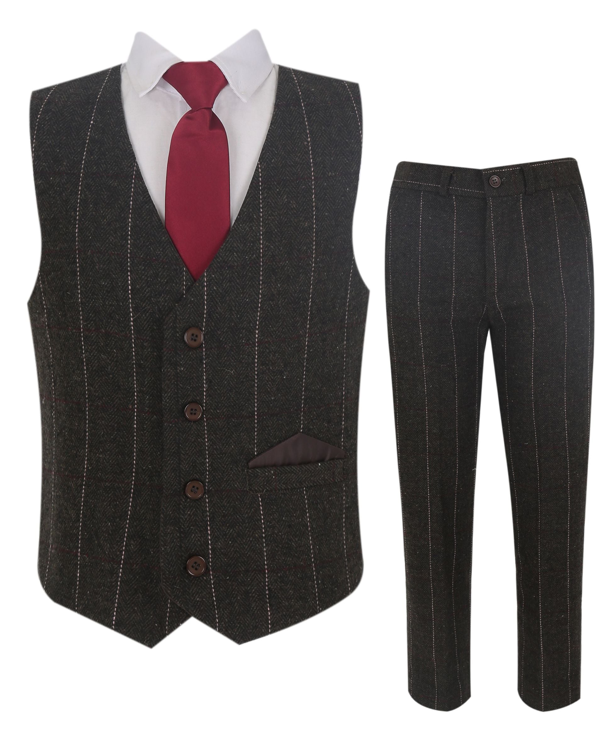 Ensemble Costume avec Gilet à Rayures en Tweed Marron Foncé pour Garçons