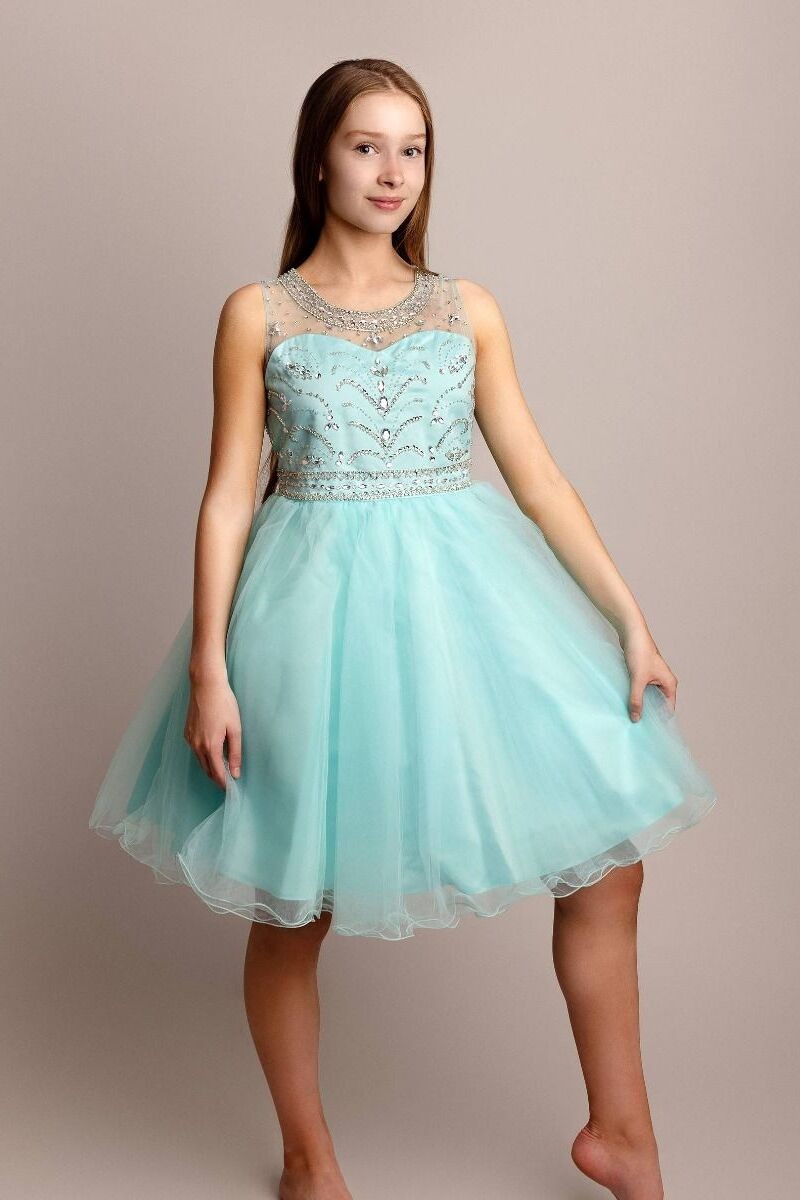 Robe en tulle avec embellissements en sequins pour filles - LOLA - Bleu Aqua