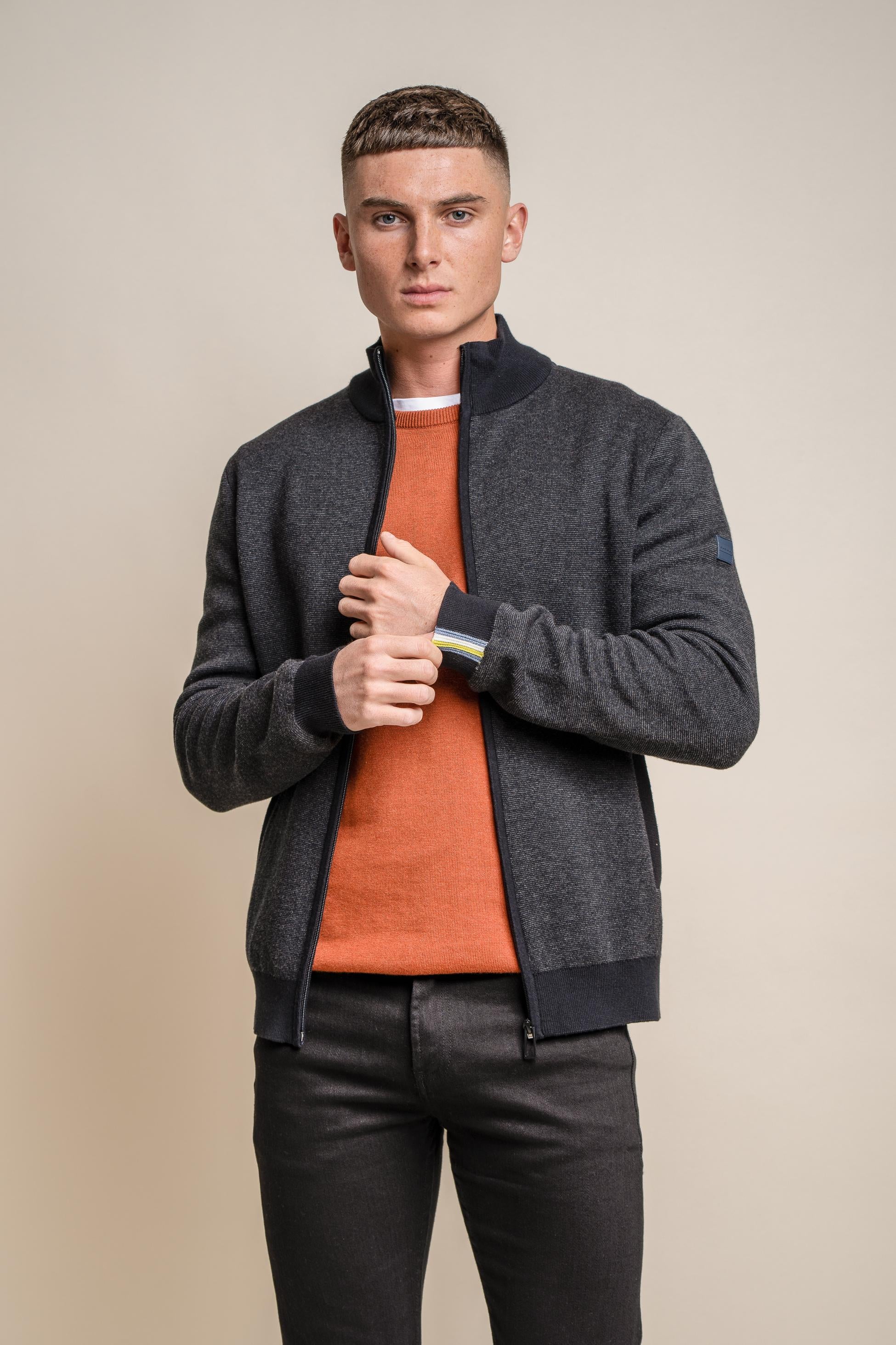 Men's Knitted Cotton Slim Fit Cardigan Jacket - ARTEGA - Charcoal Grey