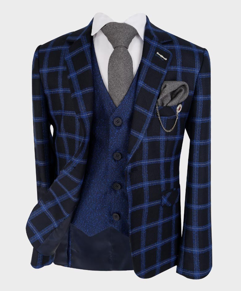 Costume à Carreaux Windowpane Rétro Tailored Fit pour Garçons - Bleu Royal - Noir