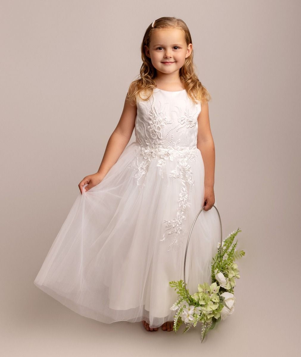 Girls Floral Embroidered Dress with Tulle Skirt - NYRA - Ivory