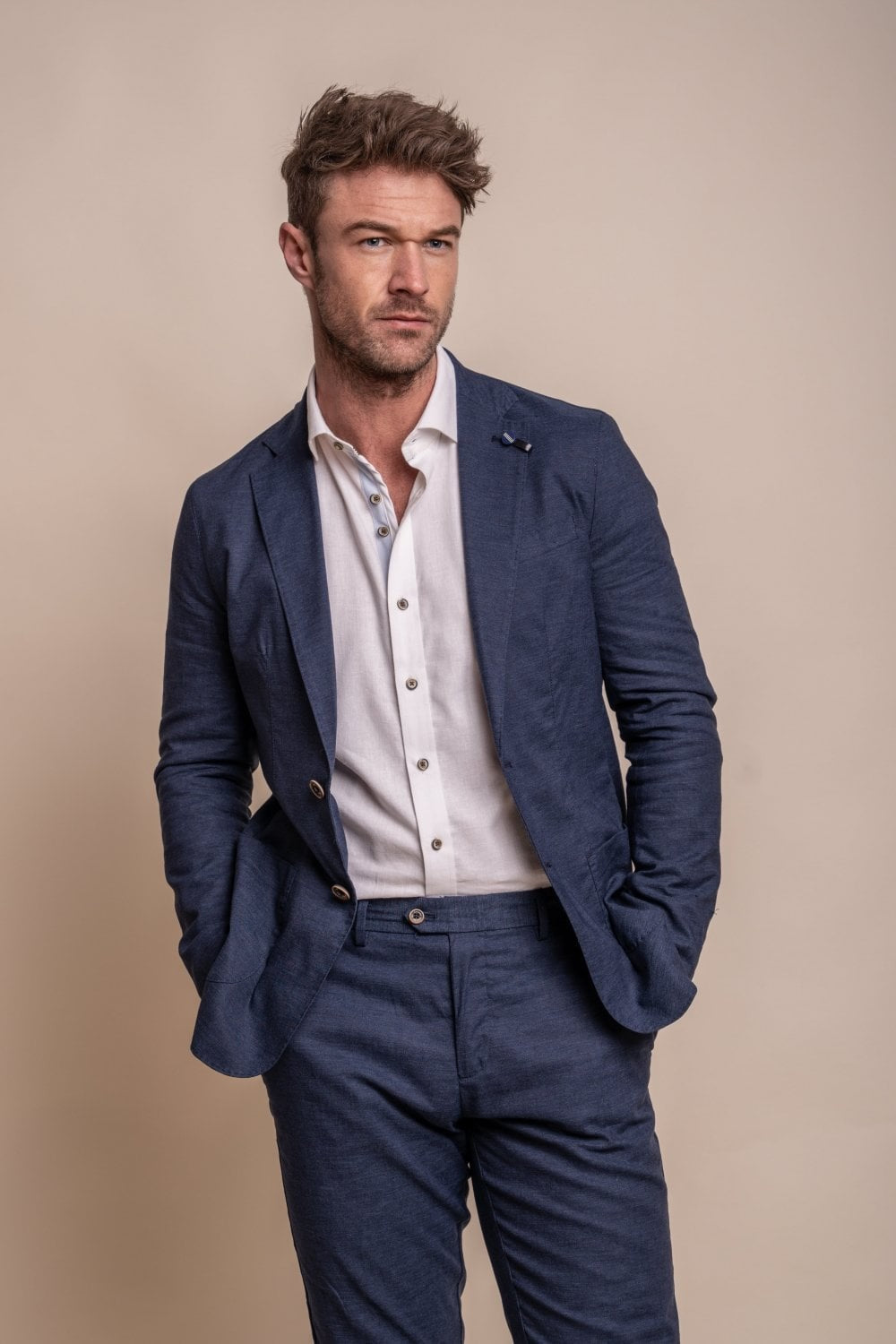 Men's Slim Fit Linen Jacket & Trousers Suit Set - ALVARI - Navy