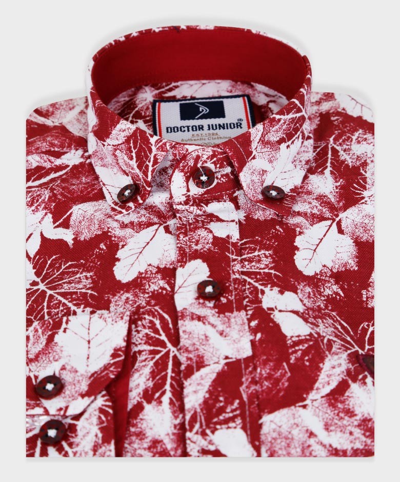 Chemise à Motifs de Feuilles Slim Fit pour Garçons - Bordeaux - Blanc