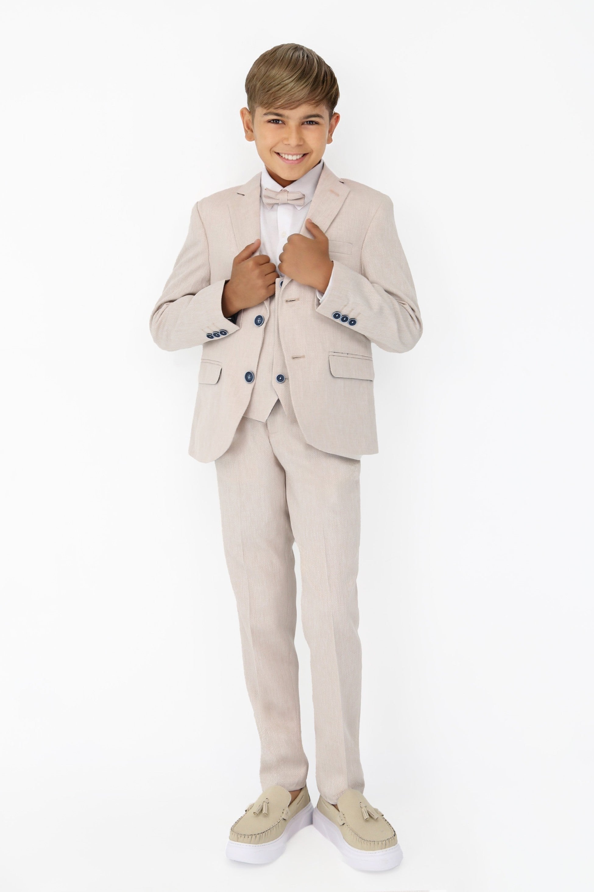 Boys' Slim Fit Self-Patterned 5 PC Suit Set - Beige