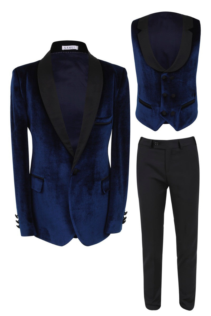 Ensemble Costume de Smoking en Velours 5 Pièces pour Garçons - Bleu Marine et Noir