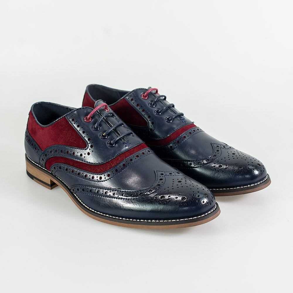 Chaussures brogues en cuir suédé et en cuir à lacets pour hommes - ETHAN - Bleu Marine - Rouge