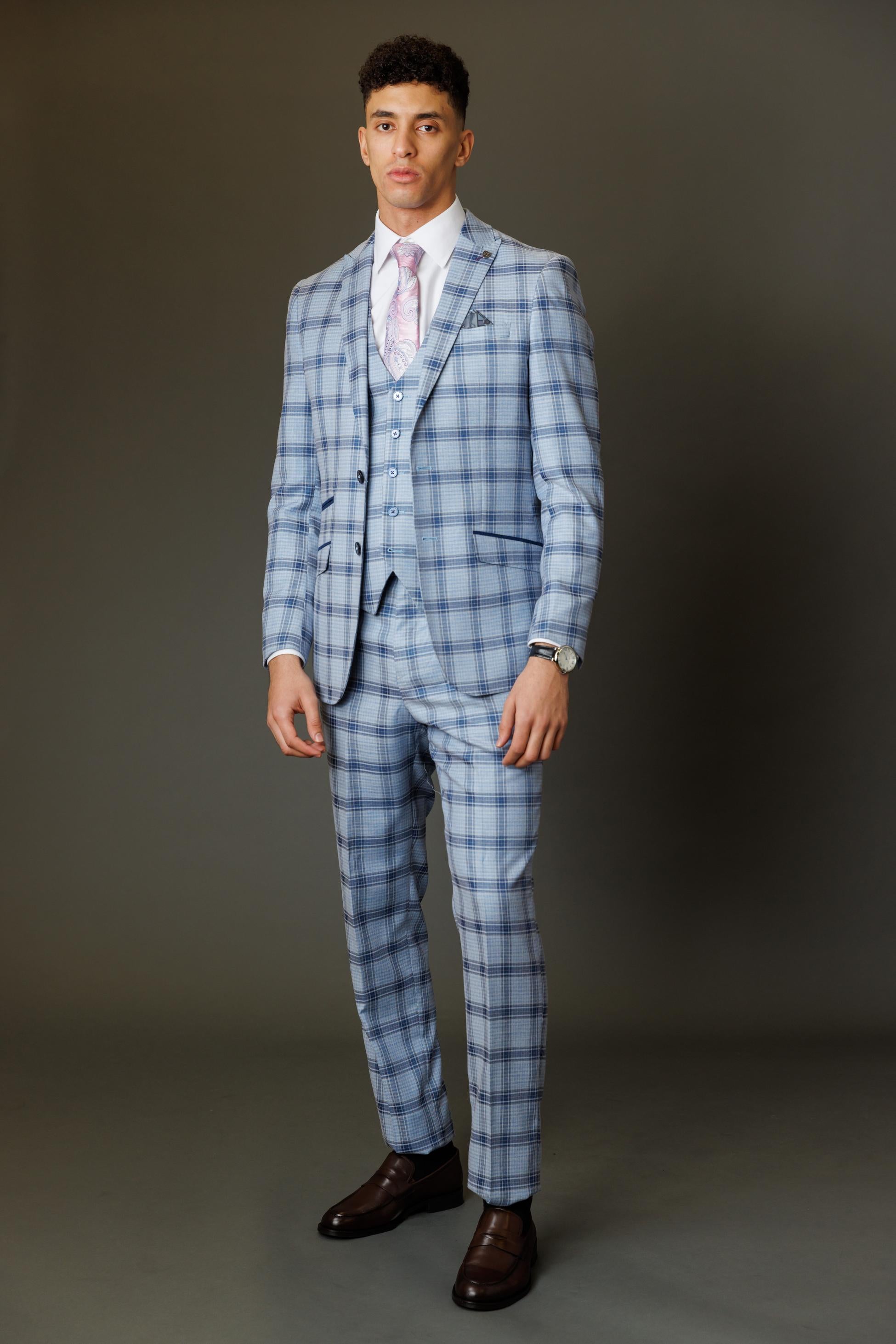 Men's Slim Fit Windowpane Check Blue Suit - BLAKE - Pale Blue