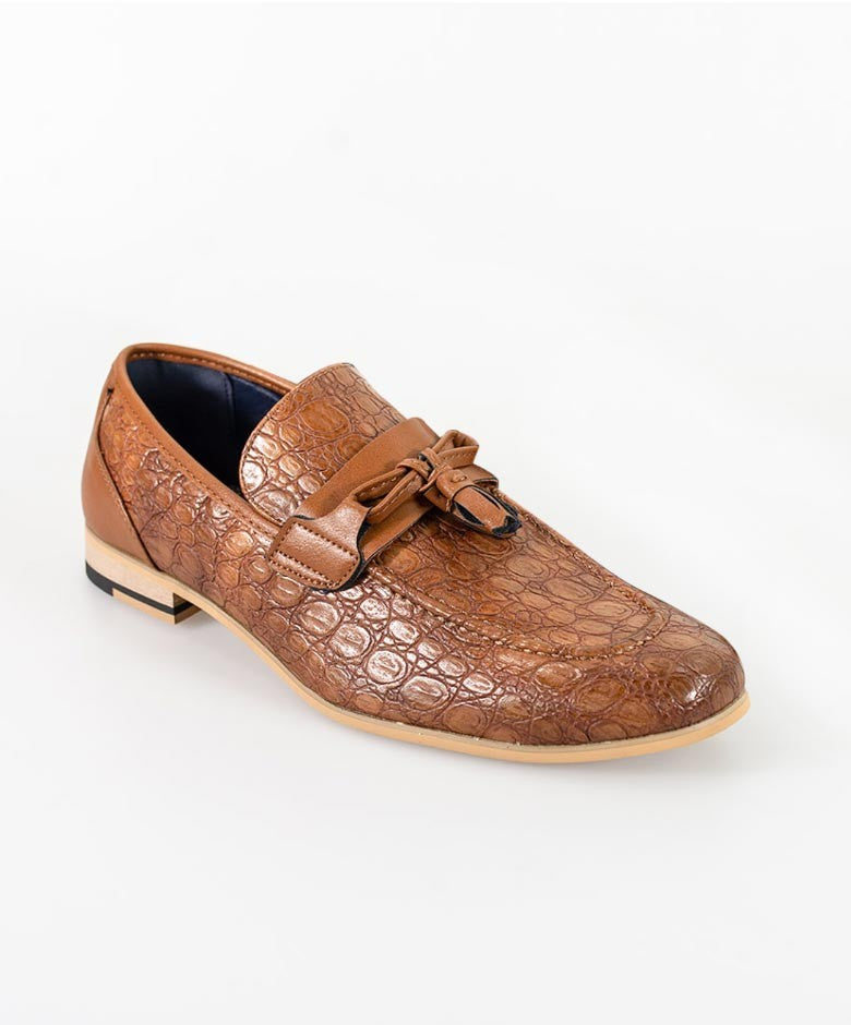 Men's Crocodile Embossed Tassel Loafers- BRINDISI - Light Brown