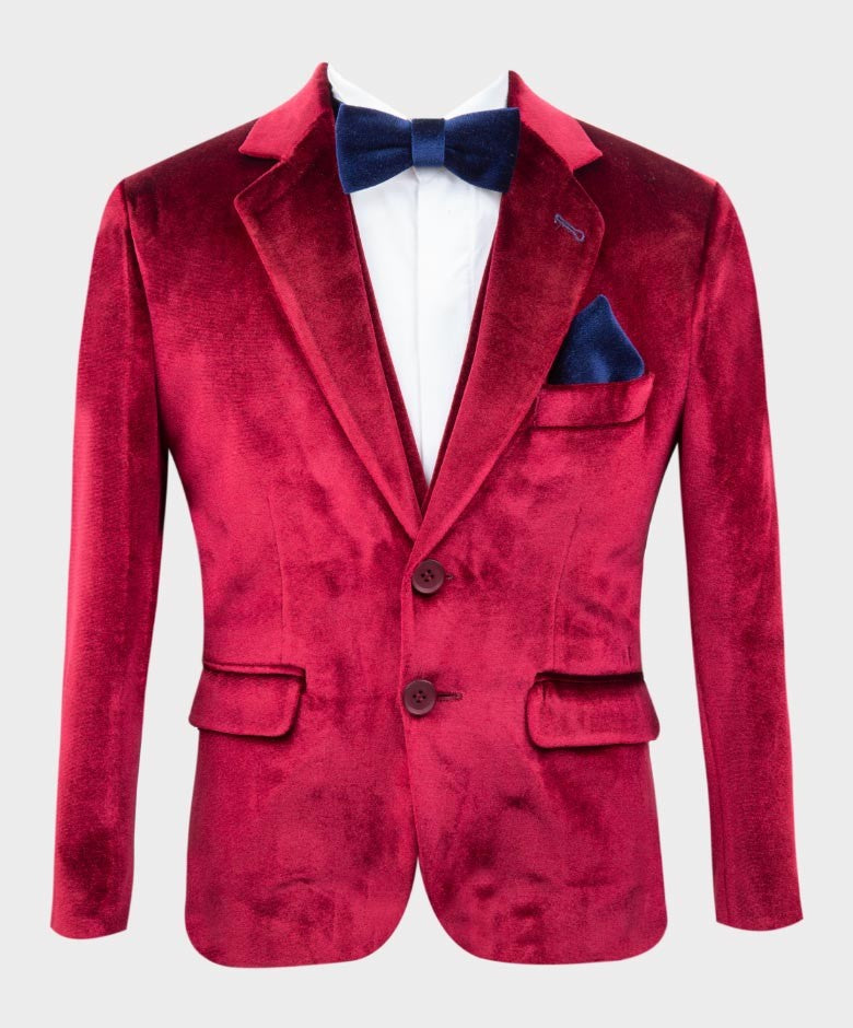 Boys Tailored Fit Velvet Suit with Elbow Patches - Claret Red