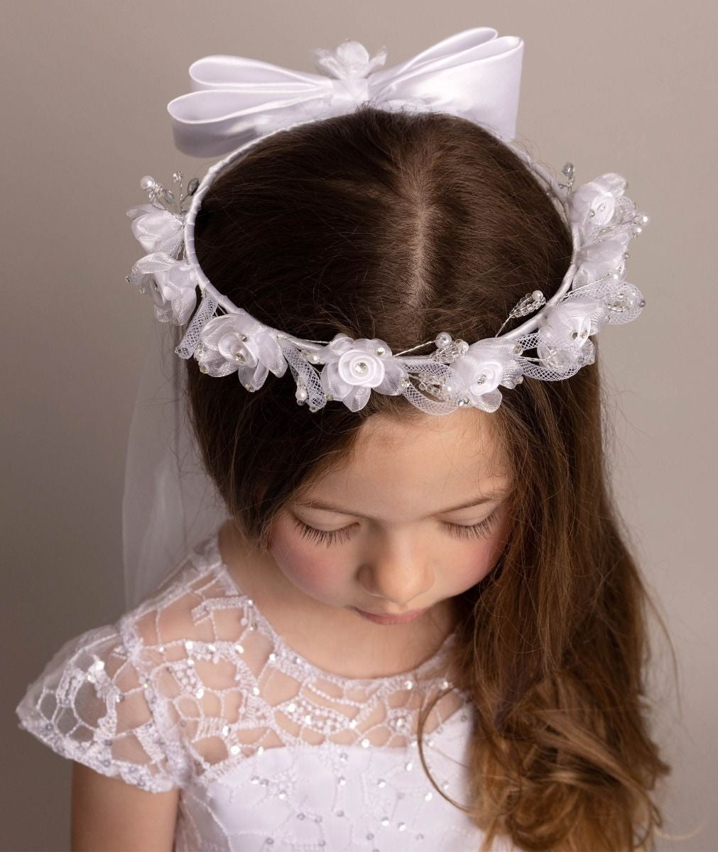 Mädchen Weißer Floraler Tiara & Schleifen Schleier - CMV-2330