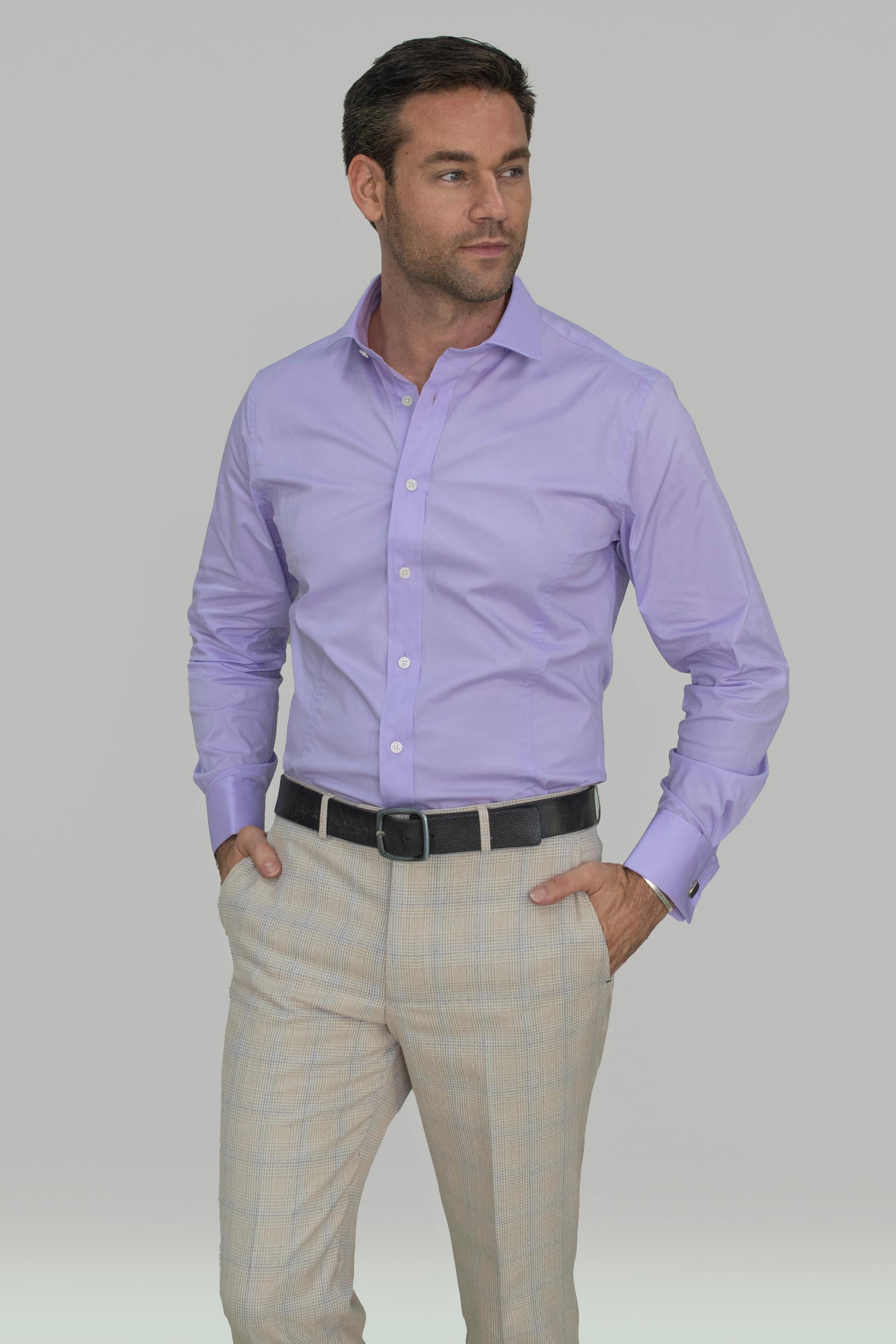 Chemise en coton ajustée avec boutons de manchette pour hommes - ROSSI - Lilas